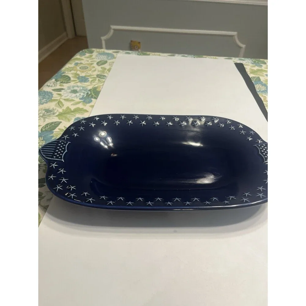 Longaberger Pottery Proudly American Cobalt Blue Stars Platter / Serving Tray